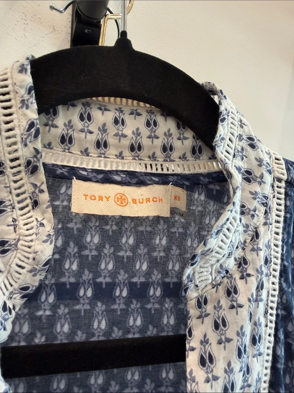 Tory Burch Navy Blue Printed Tunic with White Contrast Trim